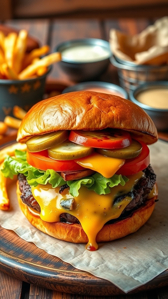 A delicious 8 oz cheeseburger with lettuce, tomato, and cheese, served with fries on a rustic table.